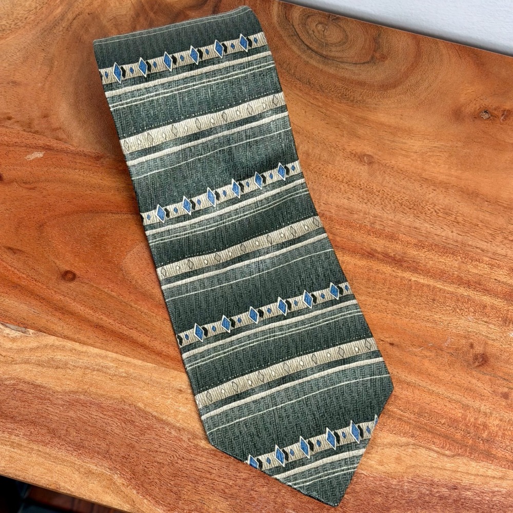 Puritan Mens Silk Geometric Diamond Stripe‎ Necktie Green Beige Blue